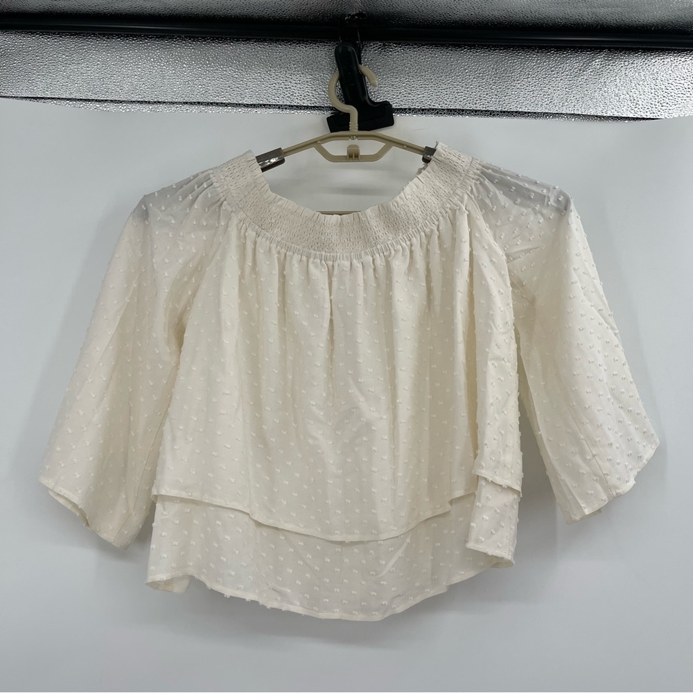 Club Monaco Silk Swiss Dot Tiered Off the Shoulder Blouse Top - Picture 9 of 14